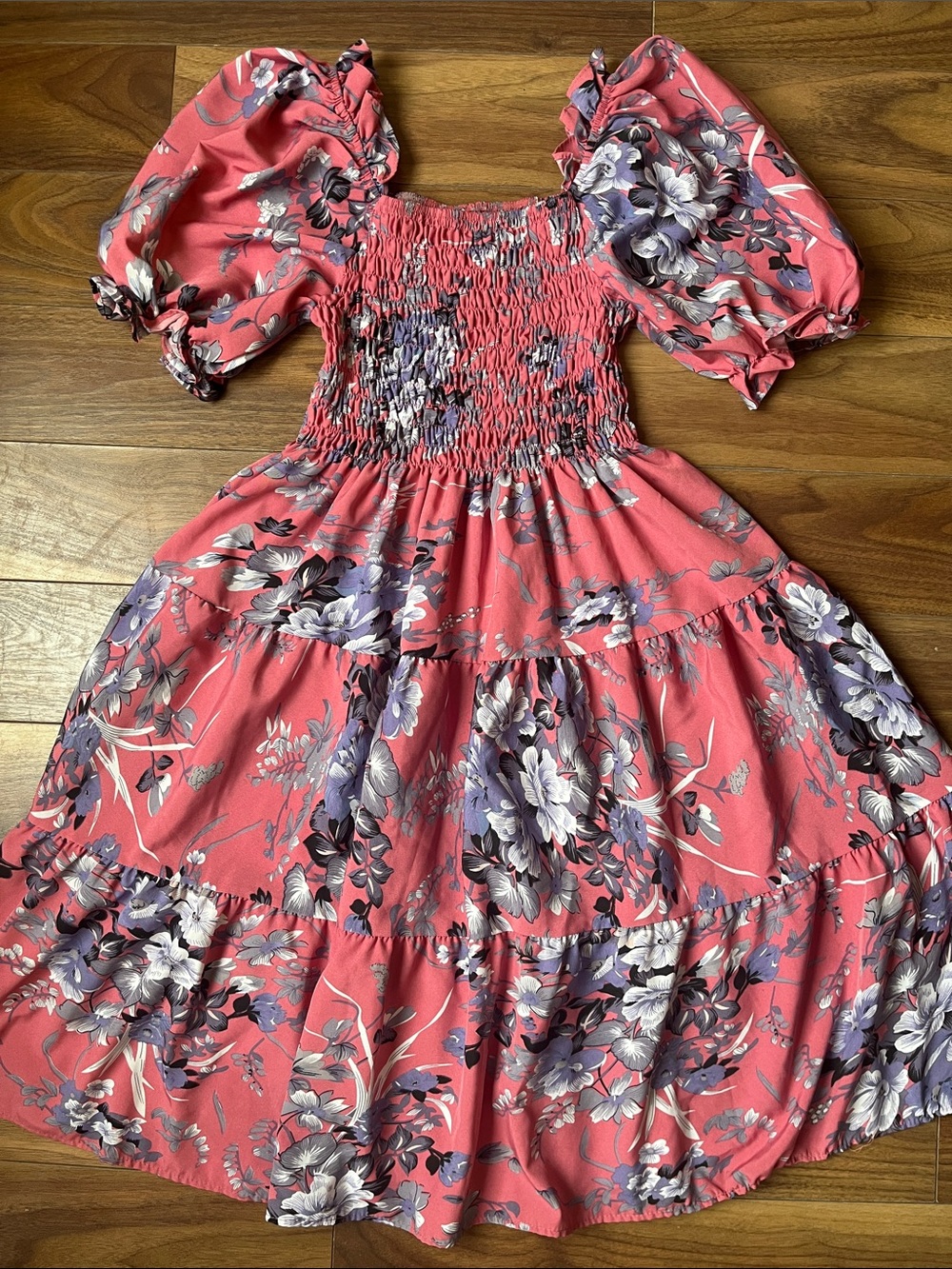 Women Coral Floral Dress with Puff Sleeves Stretchable summer Purple Medium Size